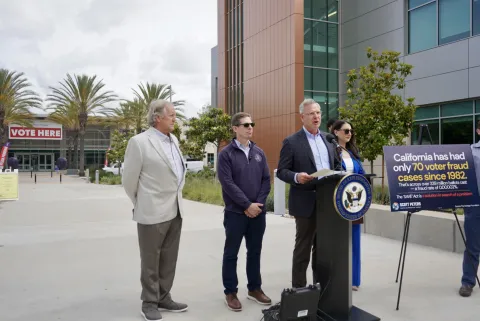Rep. Peters, Levin, and Jacobs and Professor Luna speak outside the Registrar of Voters